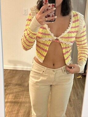 Urban Outfitters Stella Split Hem Cardigan Sweater Lemonade&Bubblegum Stripes